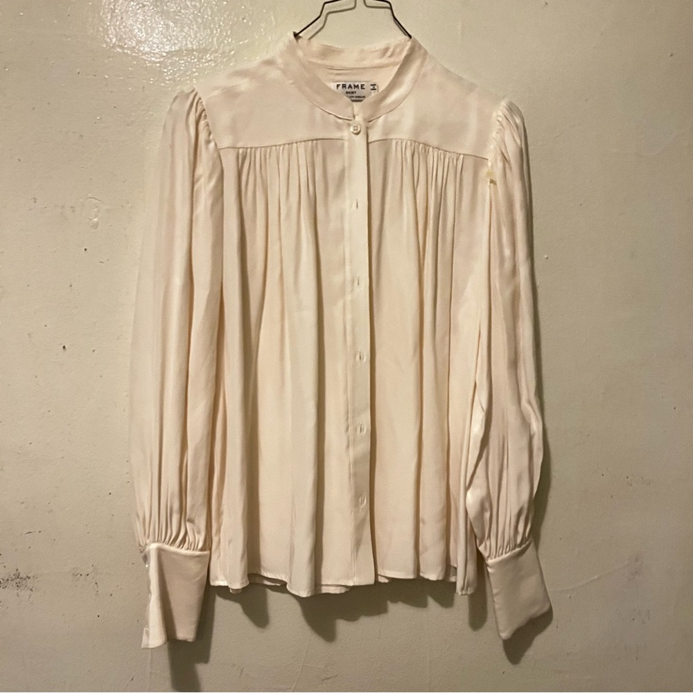 Frame Ivory Silk Pleated Button Up Shirt S